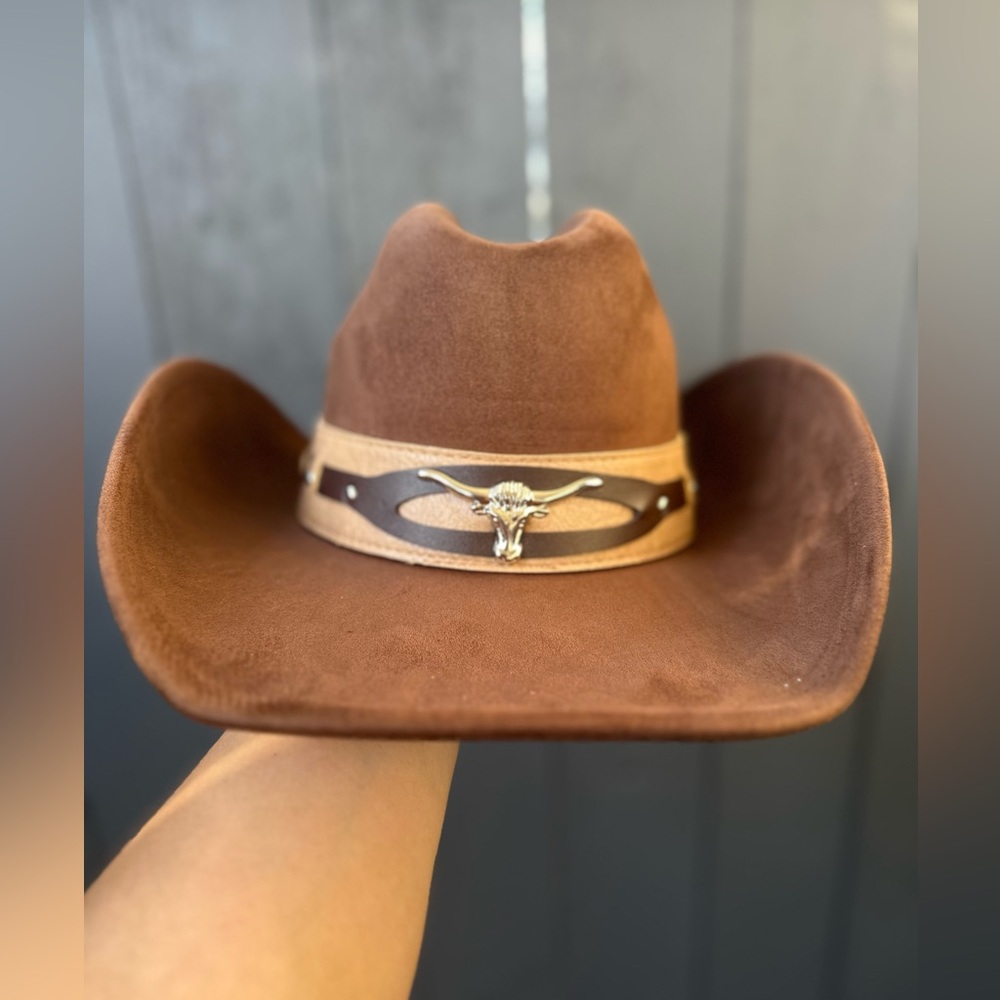 Brown Western Cowboy Hat with Bullhead Accent